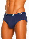 Man wearing navy Big Man's Fly Front Colored Brief, Men's Combed Cotton Underwear side view