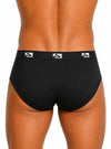 Man Wearing Black Big Man's Fly Front Colored Brief, Men's Combed Cotton Underwear back view